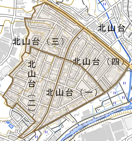 北山台とその周辺の地図。町の範囲を重ねている