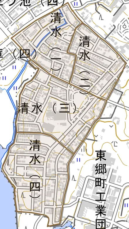清水とその周辺の地図。町の範囲を重ねている