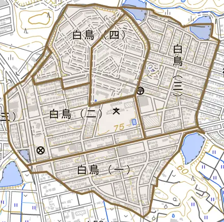 白鳥とその周辺の地図。町の範囲を重ねている