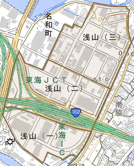 浅山とその周辺の地図。町の範囲を重ねている