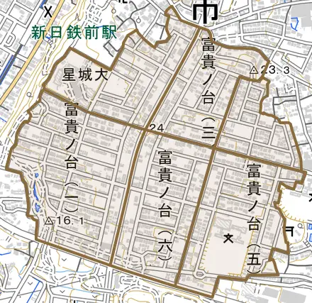 富貴ノ台とその周辺の地図。町の範囲を重ねている