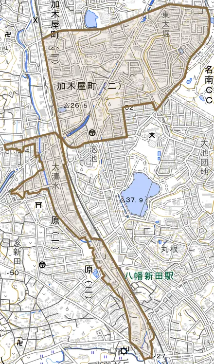 加木屋町とその周辺の地図。町の範囲を重ねている