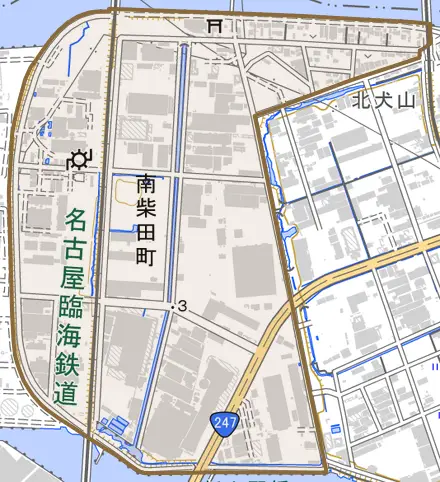 南柴田町とその周辺の地図。町の範囲を重ねている