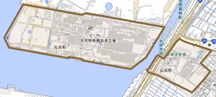 元浜町とその周辺の地図。町の範囲を重ねている