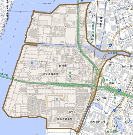 新宝町とその周辺の地図。町の範囲を重ねている