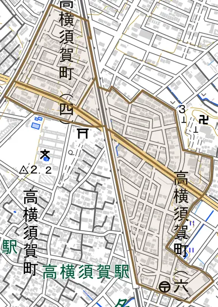 高横須賀町とその周辺の地図。町の範囲を重ねている