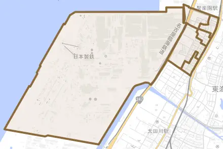 東海町とその周辺の地図。町の範囲を重ねている