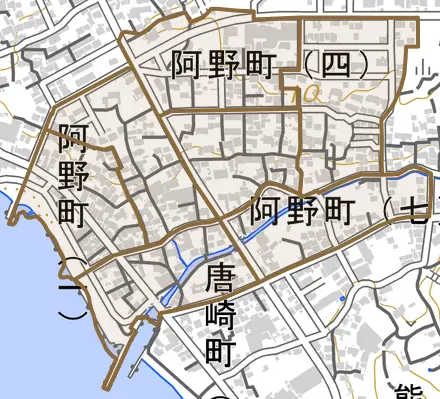 阿野町とその周辺の地図。町の範囲を重ねている
