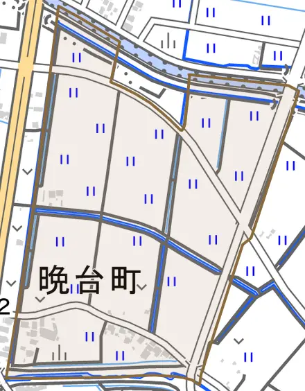 晩台町とその周辺の地図。町の範囲を重ねている