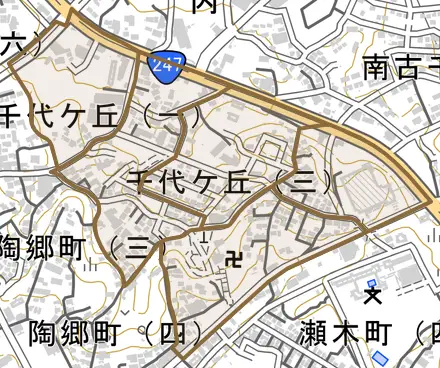千代ケ丘とその周辺の地図。町の範囲を重ねている
