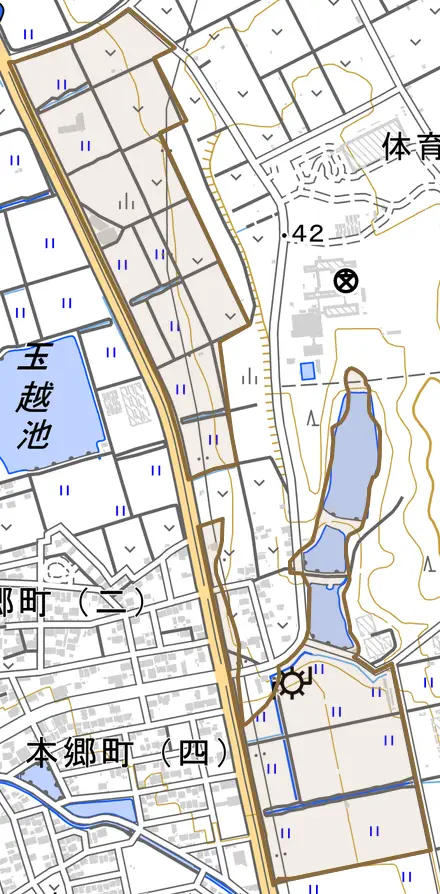 榎戸とその周辺の地図。町の範囲を重ねている