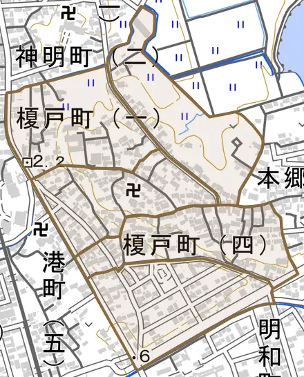 榎戸町とその周辺の地図。町の範囲を重ねている