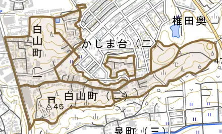 白山町とその周辺の地図。町の範囲を重ねている