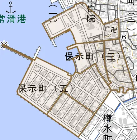 保示町とその周辺の地図。町の範囲を重ねている