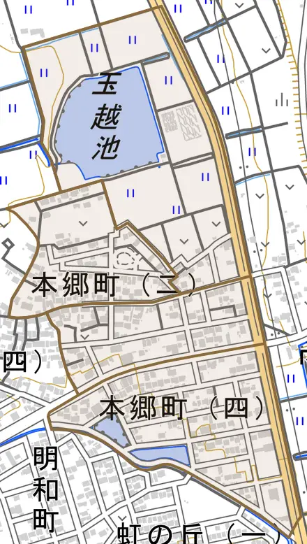 本郷町とその周辺の地図。町の範囲を重ねている