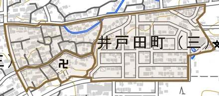 井戸田町とその周辺の地図。町の範囲を重ねている