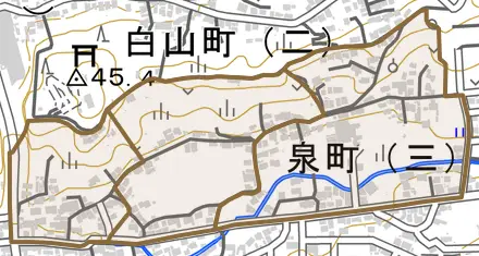 泉町とその周辺の地図。町の範囲を重ねている
