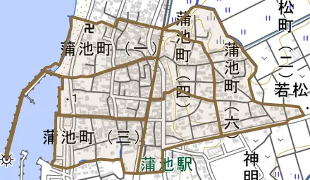 蒲池町とその周辺の地図。町の範囲を重ねている
