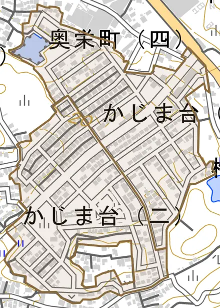 かじま台とその周辺の地図。町の範囲を重ねている