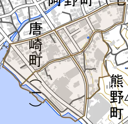 唐崎町とその周辺の地図。町の範囲を重ねている