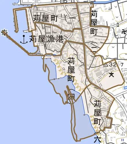 苅屋町とその周辺の地図。町の範囲を重ねている