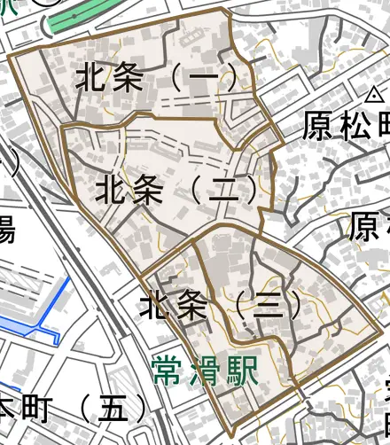 北条とその周辺の地図。町の範囲を重ねている