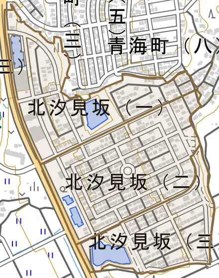 北汐見坂とその周辺の地図。町の範囲を重ねている