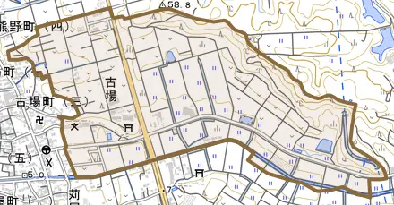 古場とその周辺の地図。町の範囲を重ねている