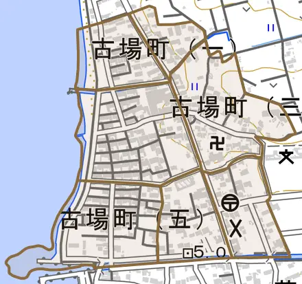 古場町とその周辺の地図。町の範囲を重ねている