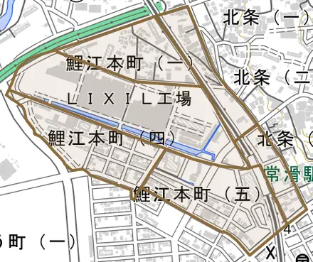 鯉江本町とその周辺の地図。町の範囲を重ねている