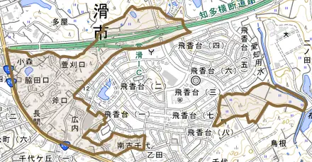 字小森とその周辺の地図。町の範囲を重ねている