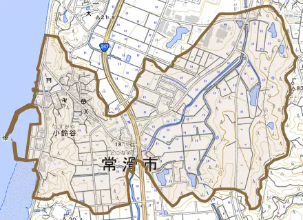 小鈴谷とその周辺の地図。町の範囲を重ねている