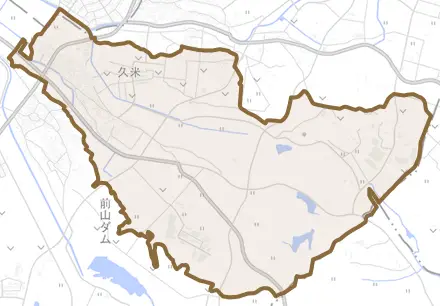 久米とその周辺の地図。町の範囲を重ねている