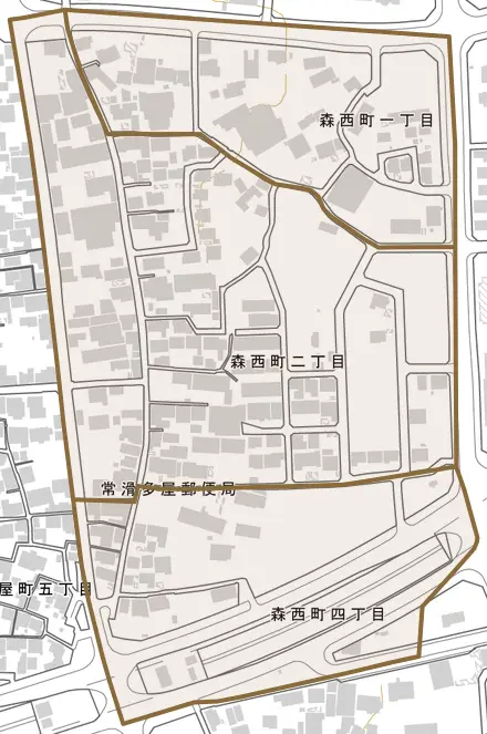 森西町とその周辺の地図。町の範囲を重ねている