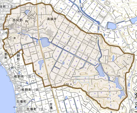 西阿野とその周辺の地図。町の範囲を重ねている