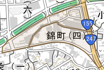 錦町とその周辺の地図。町の範囲を重ねている