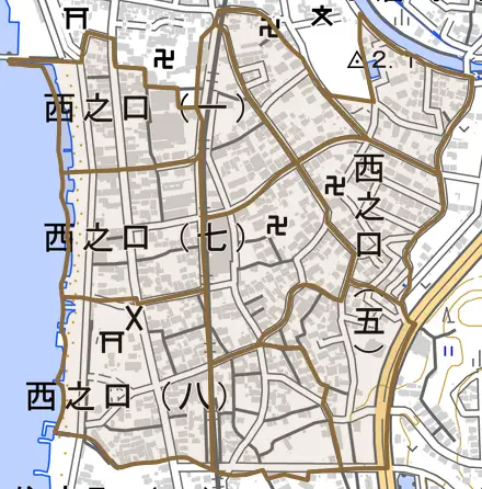 西之口とその周辺の地図。町の範囲を重ねている