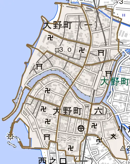 大野町とその周辺の地図。町の範囲を重ねている