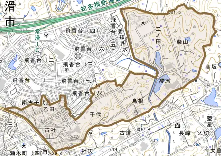 字折戸とその周辺の地図。町の範囲を重ねている
