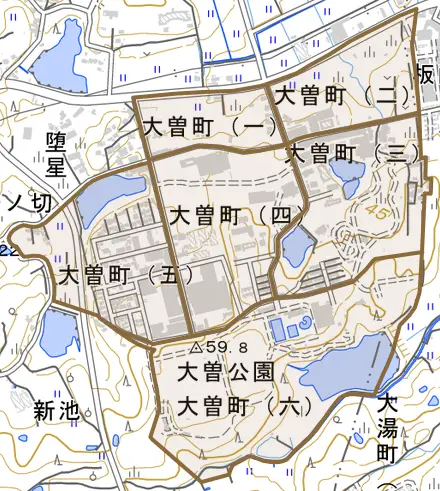 大曽町とその周辺の地図。町の範囲を重ねている