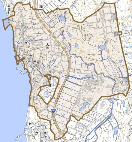 大谷とその周辺の地図。町の範囲を重ねている