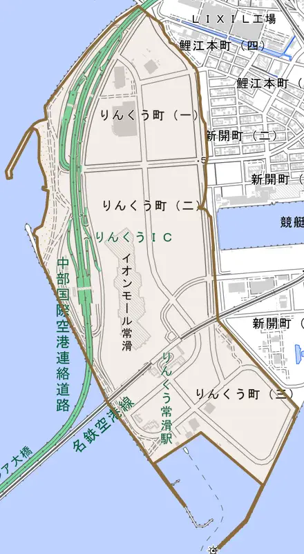 りんくう町とその周辺の地図。町の範囲を重ねている