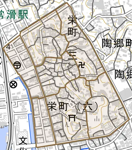栄町とその周辺の地図。町の範囲を重ねている