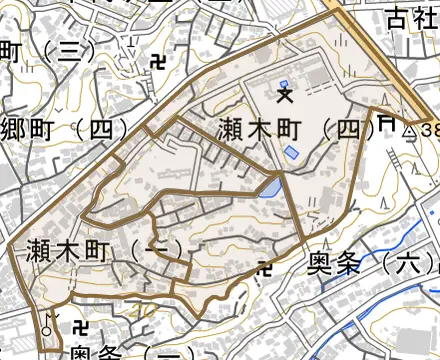 瀬木町とその周辺の地図。町の範囲を重ねている