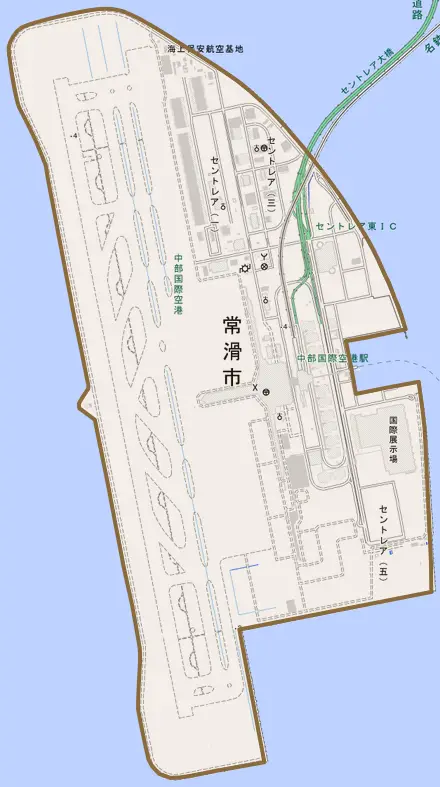 セントレアとその周辺の地図。町の範囲を重ねている