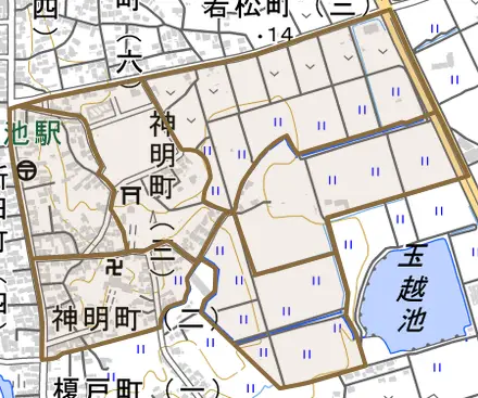 神明町とその周辺の地図。町の範囲を重ねている