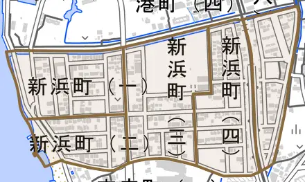 新浜町とその周辺の地図。町の範囲を重ねている