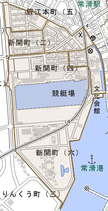 新開町とその周辺の地図。町の範囲を重ねている