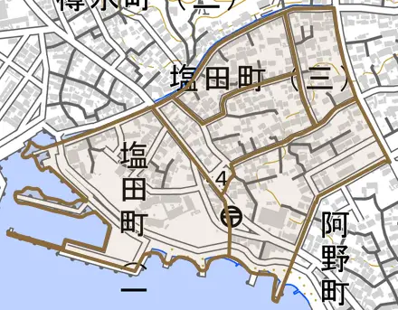 塩田町とその周辺の地図。町の範囲を重ねている
