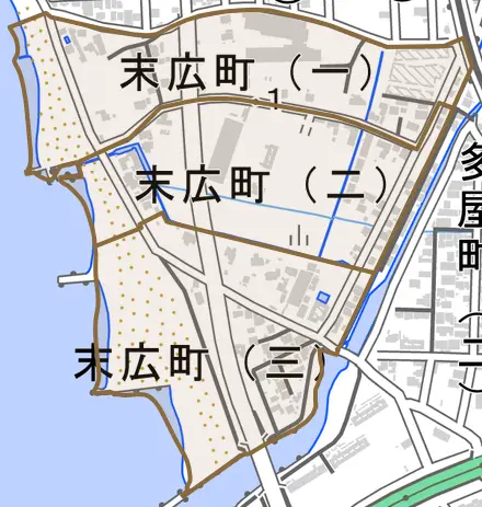 末広町とその周辺の地図。町の範囲を重ねている